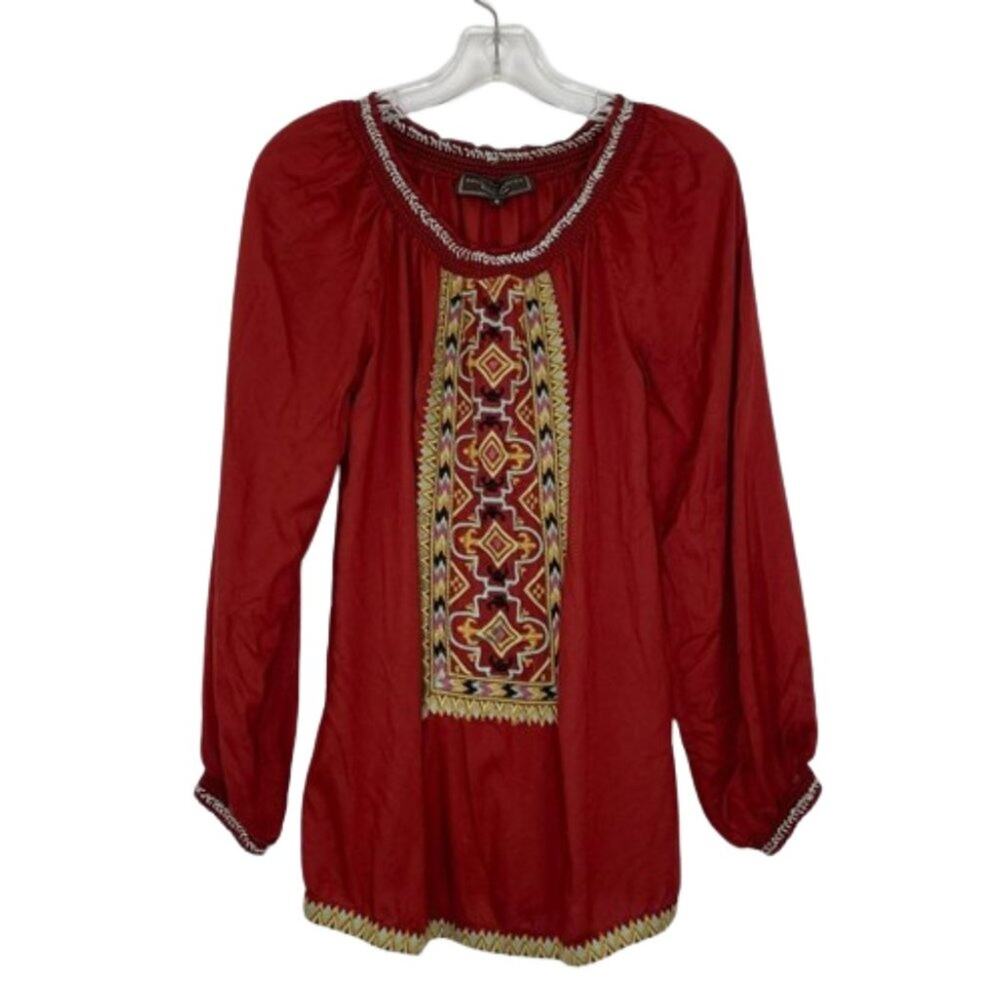 Double D ranch tunic embroidered long sleeve brown red Small